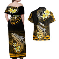 Hawaii Couples Matching Off Shoulder Maxi Dress and Hawaiian Shirt Polynesian Shark with Kakau Gold Version - Wonder Print Shop