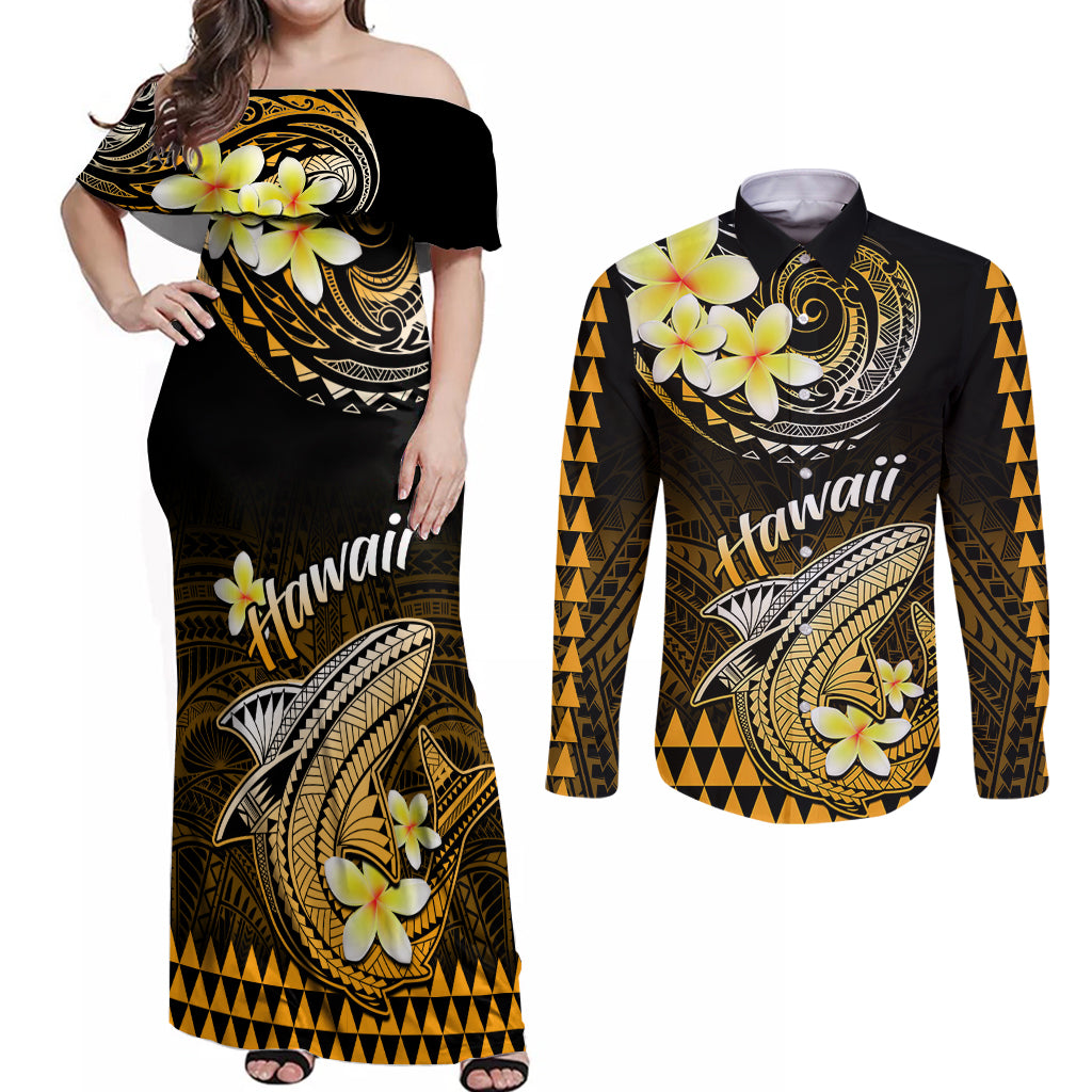 Hawaii Couples Matching Off Shoulder Maxi Dress and Long Sleeve Button Shirts Polynesian Shark with Kakau Gold Version - Wonder Print Shop
