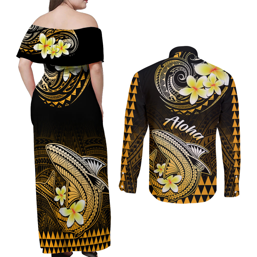 Hawaii Couples Matching Off Shoulder Maxi Dress and Long Sleeve Button Shirts Polynesian Shark with Kakau Gold Version - Wonder Print Shop