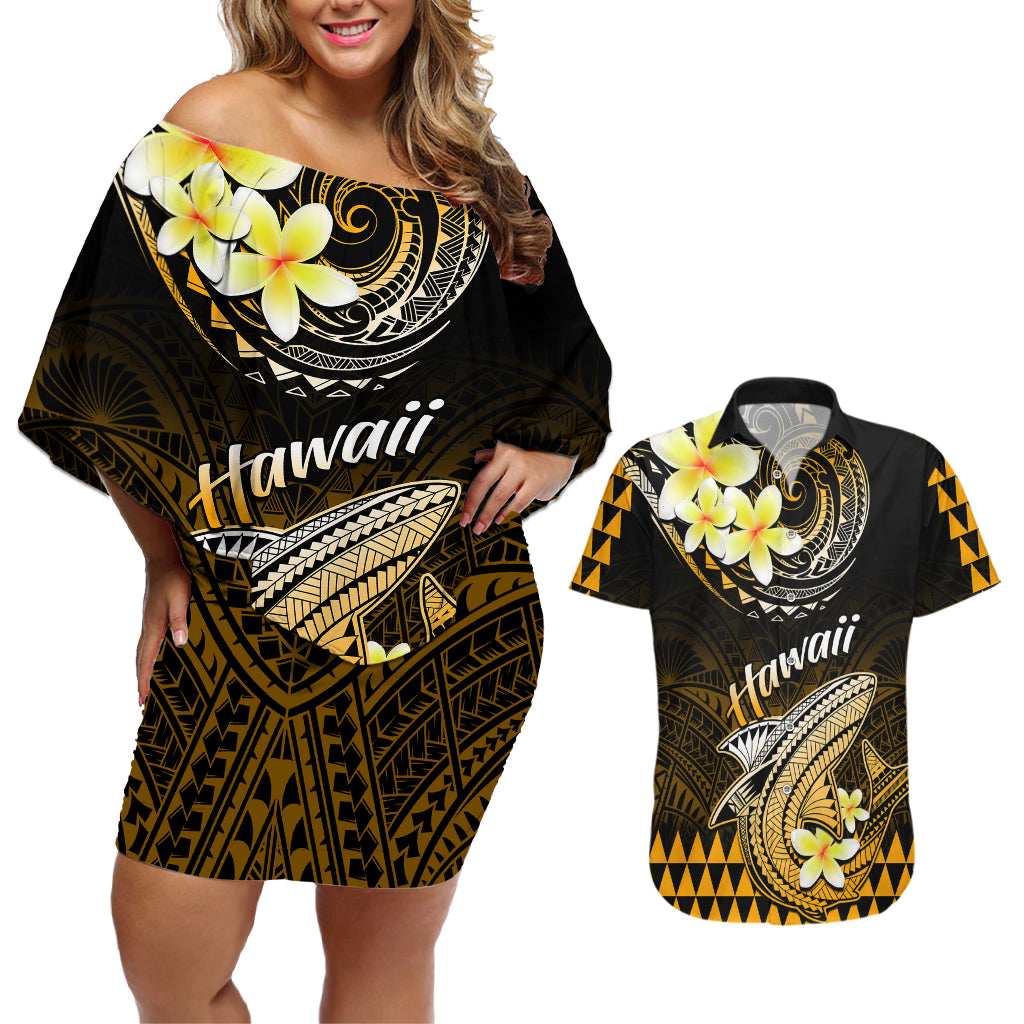 Hawaii Couples Matching Off Shoulder Short Dress and Hawaiian Shirt Polynesian Shark with Kakau Gold Version - Wonder Print Shop