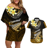 Hawaii Couples Matching Off Shoulder Short Dress and Hawaiian Shirt Polynesian Shark with Kakau Gold Version - Wonder Print Shop