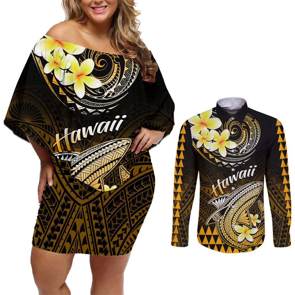 Hawaii Couples Matching Off Shoulder Short Dress and Long Sleeve Button Shirts Polynesian Shark with Kakau Gold Version - Wonder Print Shop