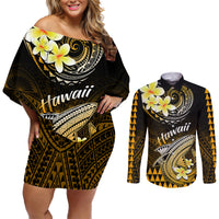 Hawaii Couples Matching Off Shoulder Short Dress and Long Sleeve Button Shirts Polynesian Shark with Kakau Gold Version - Wonder Print Shop