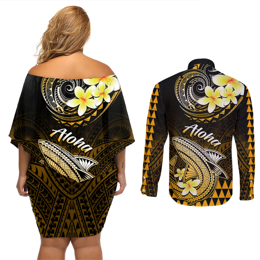 Hawaii Couples Matching Off Shoulder Short Dress and Long Sleeve Button Shirts Polynesian Shark with Kakau Gold Version - Wonder Print Shop