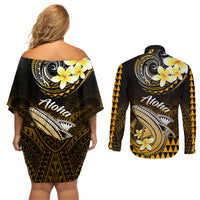 Hawaii Couples Matching Off Shoulder Short Dress and Long Sleeve Button Shirts Polynesian Shark with Kakau Gold Version - Wonder Print Shop