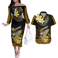 Hawaii Couples Matching Off The Shoulder Long Sleeve Dress and Hawaiian Shirt Polynesian Shark with Kakau Gold Version - Wonder Print Shop