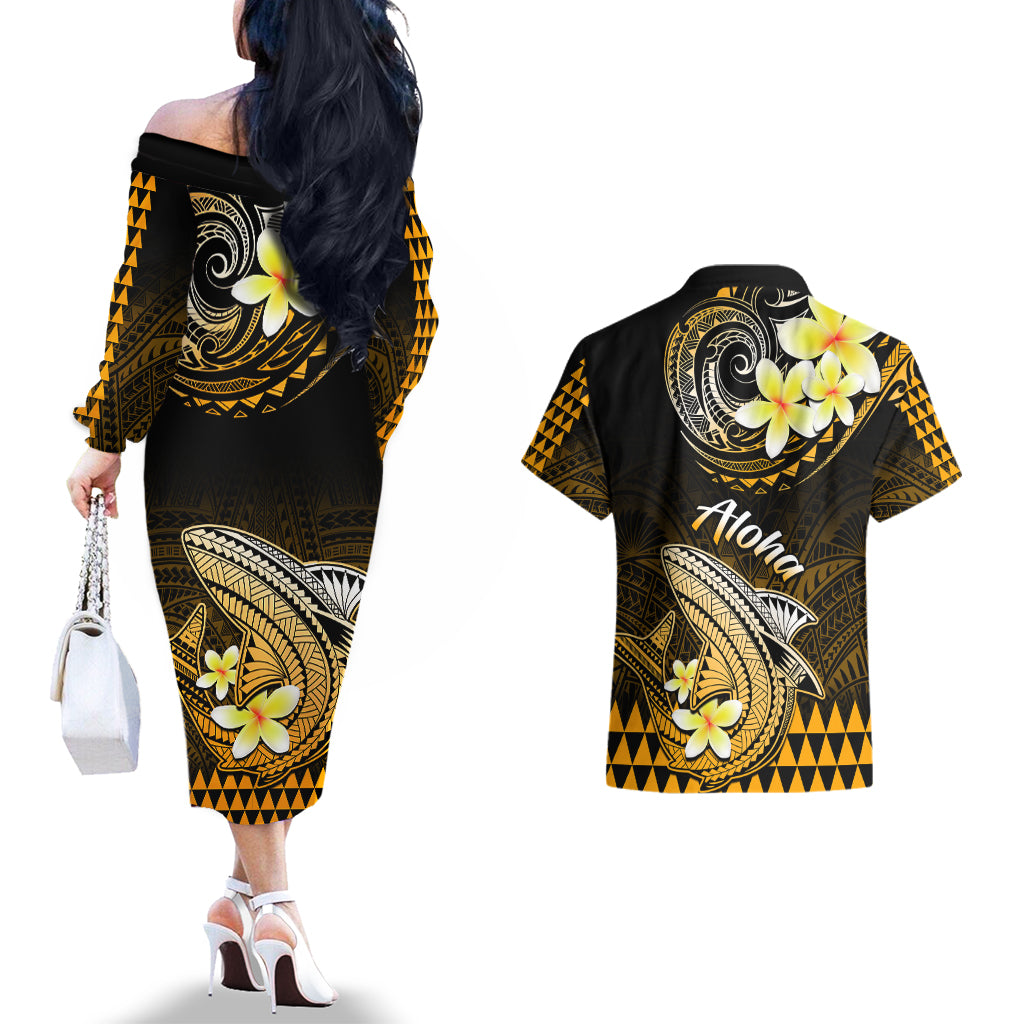 Hawaii Couples Matching Off The Shoulder Long Sleeve Dress and Hawaiian Shirt Polynesian Shark with Kakau Gold Version - Wonder Print Shop