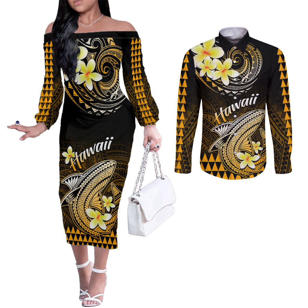 hawaii-couples-matching-off-the-shoulder-long-sleeve-dress-and-long-sleeve-button-shirts-polynesian-shark-with-kakau-gold-version