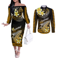 hawaii-couples-matching-off-the-shoulder-long-sleeve-dress-and-long-sleeve-button-shirts-polynesian-shark-with-kakau-gold-version