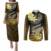 Hawaii Couples Matching Puletasi Dress and Long Sleeve Button Shirts Polynesian Shark with Kakau Gold Version - Wonder Print Shop