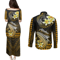 Hawaii Couples Matching Puletasi Dress and Long Sleeve Button Shirts Polynesian Shark with Kakau Gold Version - Wonder Print Shop