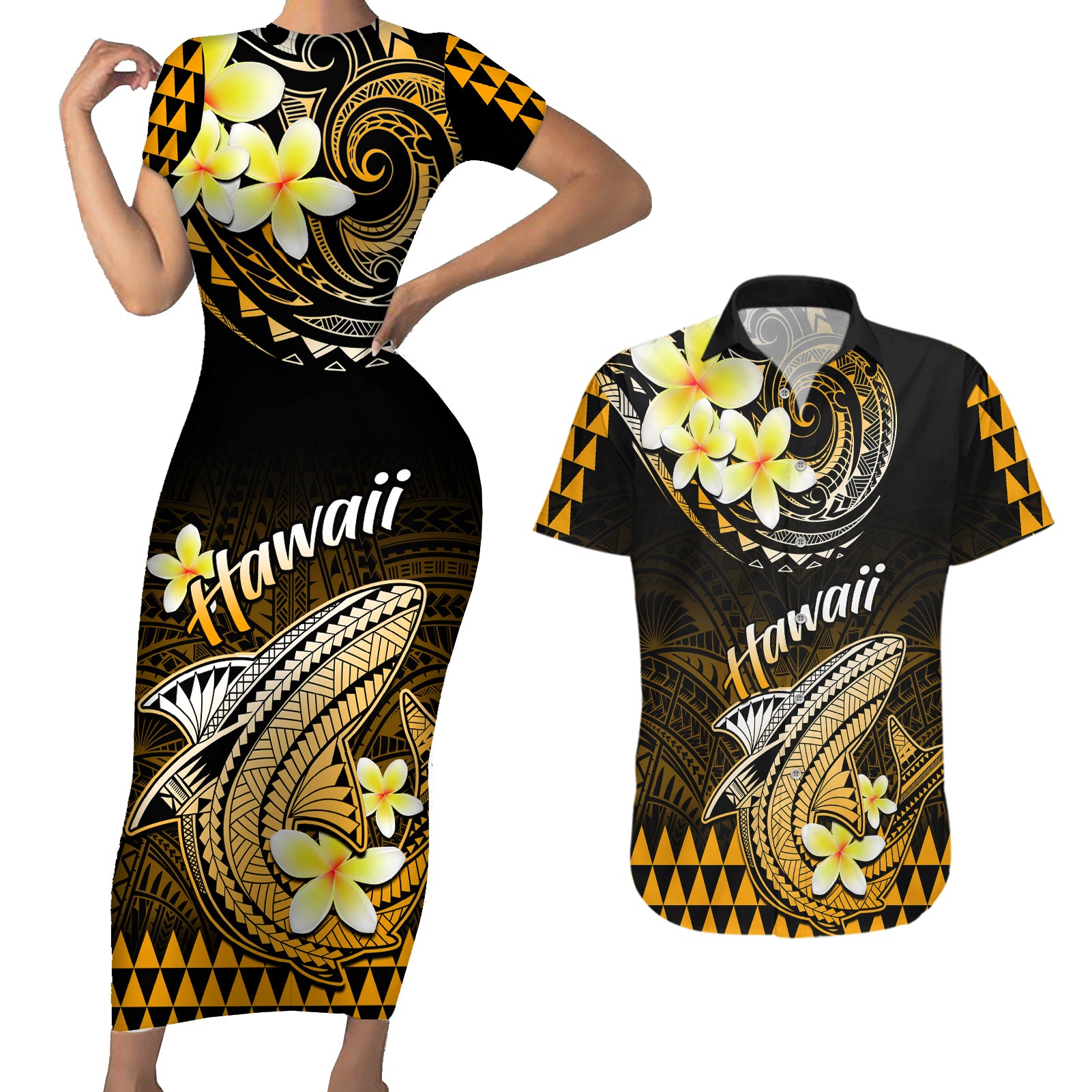 Hawaii Couples Matching Short Sleeve Bodycon Dress and Hawaiian Shirt Polynesian Shark with Kakau Gold Version - Wonder Print Shop