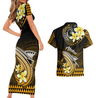 Hawaii Couples Matching Short Sleeve Bodycon Dress and Hawaiian Shirt Polynesian Shark with Kakau Gold Version - Wonder Print Shop