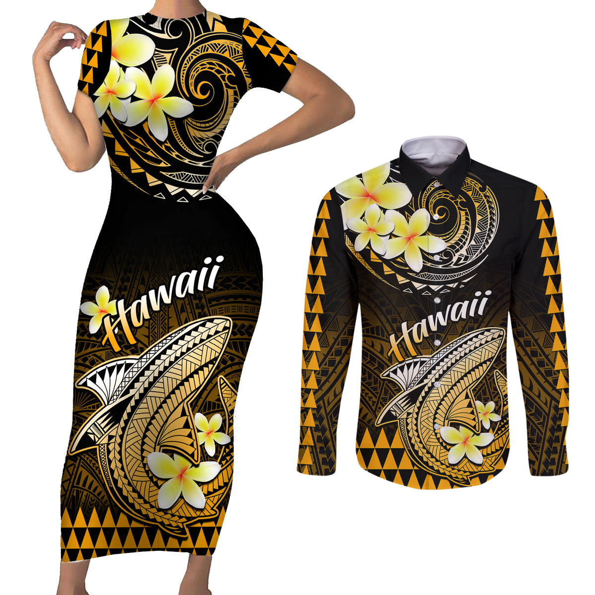 Hawaii Couples Matching Short Sleeve Bodycon Dress and Long Sleeve Button Shirts Polynesian Shark with Kakau Gold Version - Wonder Print Shop