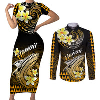 Hawaii Couples Matching Short Sleeve Bodycon Dress and Long Sleeve Button Shirts Polynesian Shark with Kakau Gold Version - Wonder Print Shop