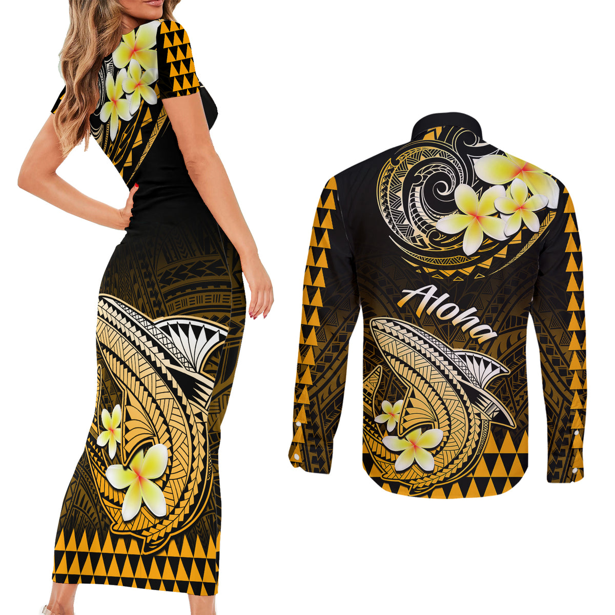 Hawaii Couples Matching Short Sleeve Bodycon Dress and Long Sleeve Button Shirts Polynesian Shark with Kakau Gold Version - Wonder Print Shop