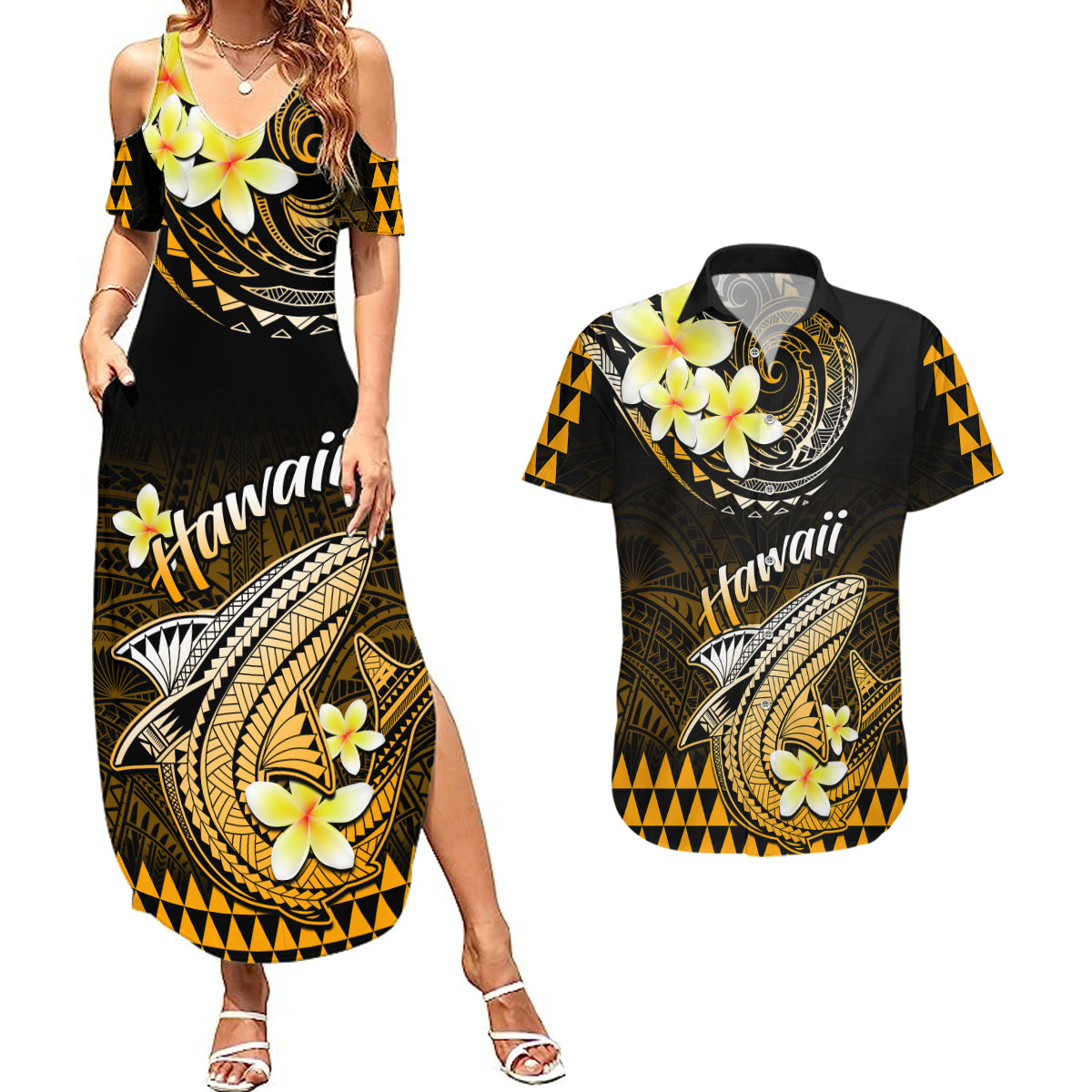 Hawaii Couples Matching Summer Maxi Dress and Hawaiian Shirt Polynesian Shark with Kakau Gold Version - Wonder Print Shop