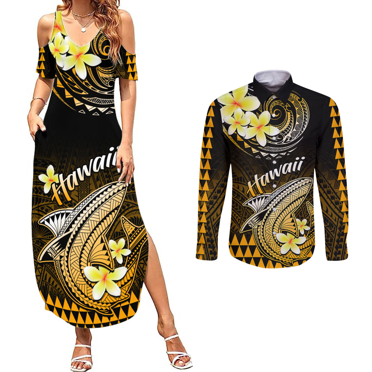 Hawaii Couples Matching Summer Maxi Dress and Long Sleeve Button Shirts Polynesian Shark with Kakau Gold Version - Wonder Print Shop