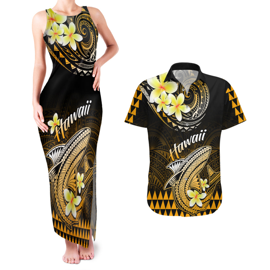Hawaii Couples Matching Tank Maxi Dress and Hawaiian Shirt Polynesian Shark with Kakau Gold Version - Wonder Print Shop