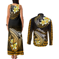 Hawaii Couples Matching Tank Maxi Dress and Long Sleeve Button Shirts Polynesian Shark with Kakau Gold Version - Wonder Print Shop
