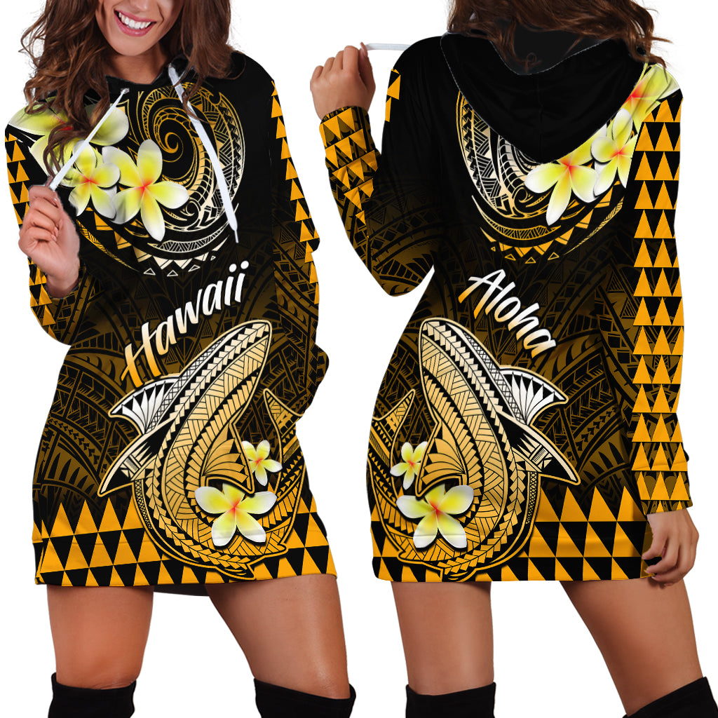 Hawaii Hoodie Dress Polynesian Shark with Kakau Gold Version - Wonder Print Shop