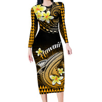 Hawaii Long Sleeve Bodycon Dress Polynesian Shark with Kakau Gold Version - Wonder Print Shop