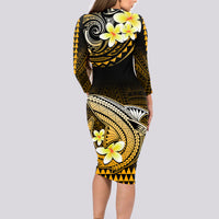 Hawaii Long Sleeve Bodycon Dress Polynesian Shark with Kakau Gold Version - Wonder Print Shop