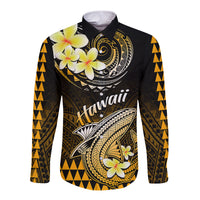 Hawaii Long Sleeve Button Shirt Polynesian Shark with Kakau Gold Version - Wonder Print Shop