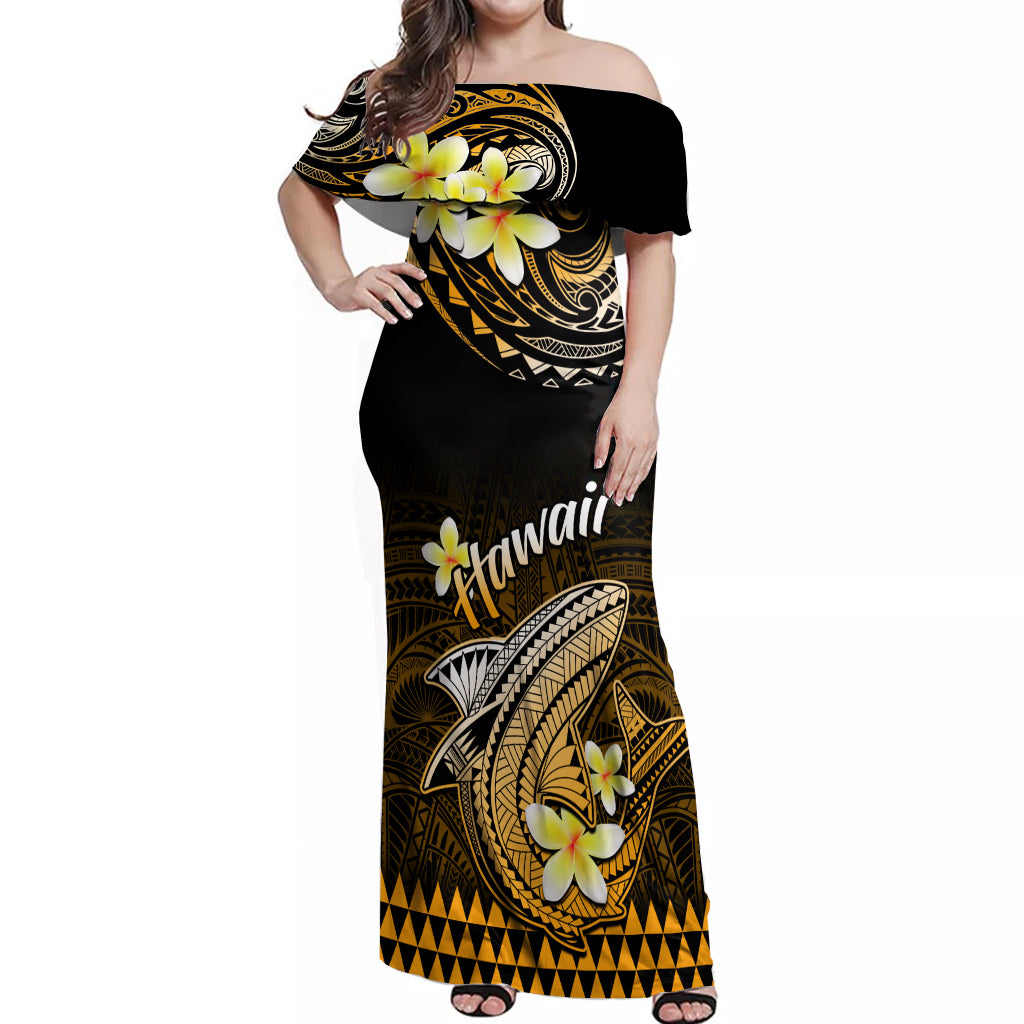 Hawaii Off Shoulder Maxi Dress Polynesian Shark with Kakau Gold Version - Wonder Print Shop