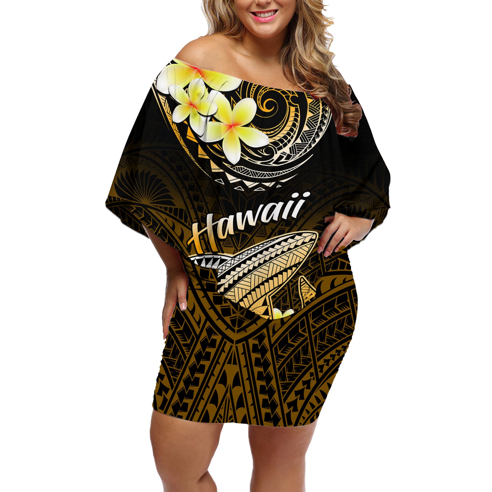 Hawaii Off Shoulder Short Dress Polynesian Shark with Kakau Gold Version - Wonder Print Shop