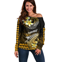 Hawaii Off Shoulder Sweater Polynesian Shark with Kakau Gold Version - Wonder Print Shop