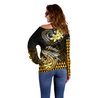 Hawaii Off Shoulder Sweater Polynesian Shark with Kakau Gold Version - Wonder Print Shop
