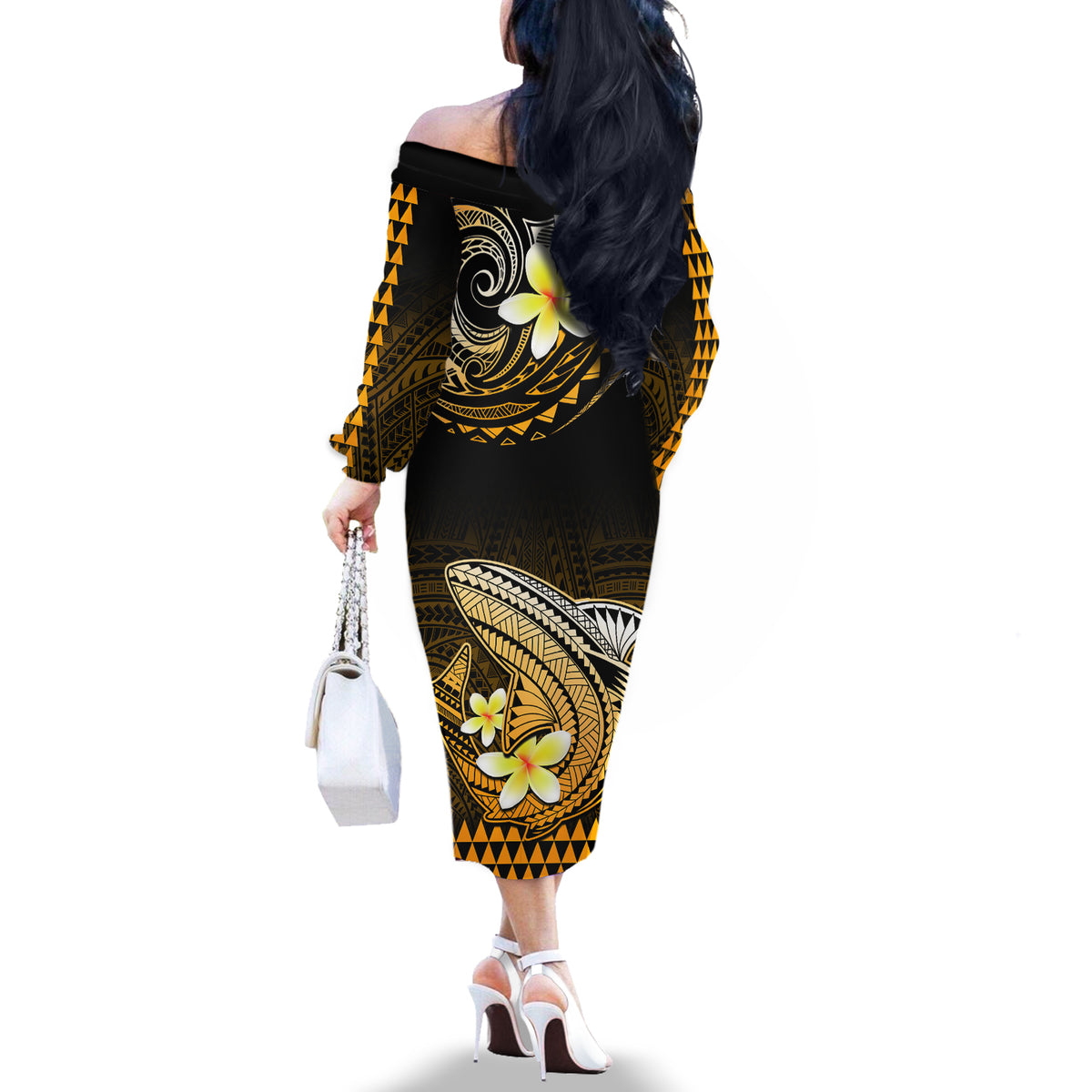 Hawaii Off The Shoulder Long Sleeve Dress Polynesian Shark with Kakau Gold Version - Wonder Print Shop