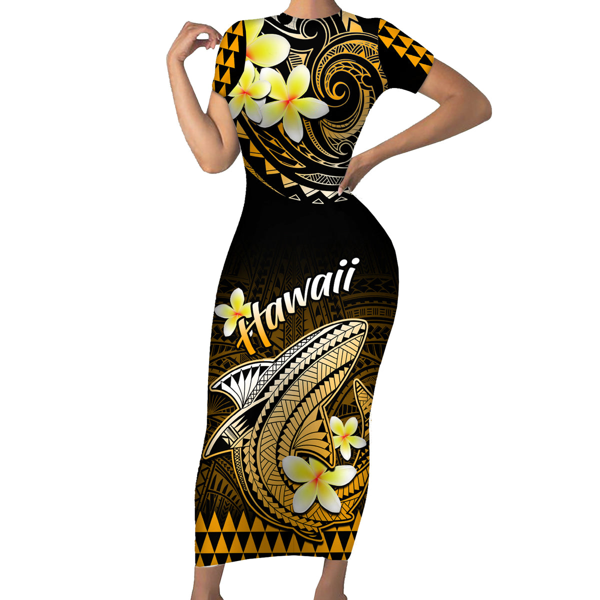 Hawaii Short Sleeve Bodycon Dress Polynesian Shark with Kakau Gold Version - Wonder Print Shop