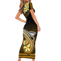 Hawaii Short Sleeve Bodycon Dress Polynesian Shark with Kakau Gold Version - Wonder Print Shop