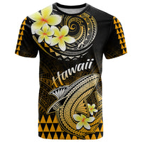 Black Hawaiian T-shirt with gold Polynesian shark, plumeria flowers, and "Hawaii" print