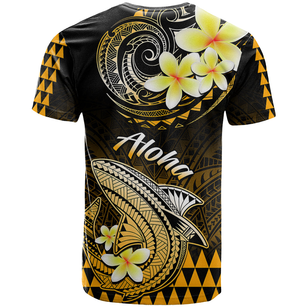 Black Hawaiian T-shirt back with gold Polynesian shark, plumeria flowers, and Hawaii script