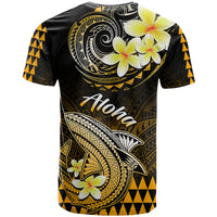 Black Hawaiian T-shirt back with gold Polynesian shark, plumeria flowers, and Hawaii script