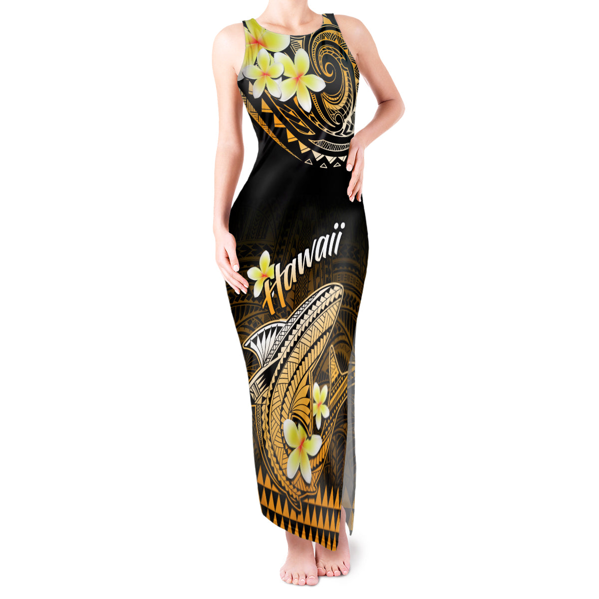 Hawaii Tank Maxi Dress Polynesian Shark with Kakau Gold Version - Wonder Print Shop