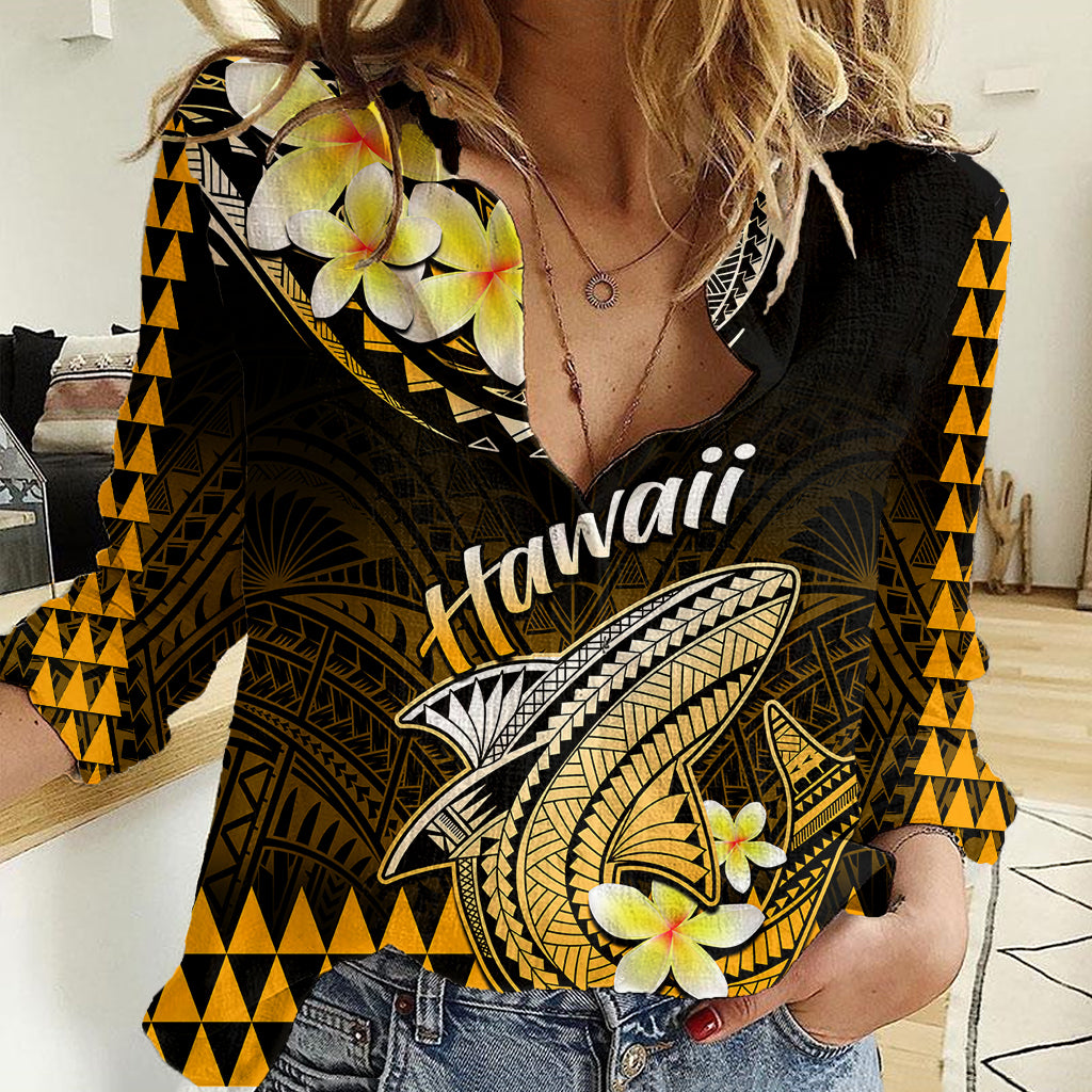 Hawaii Women Casual Shirt Polynesian Shark with Kakau Gold Version - Wonder Print Shop
