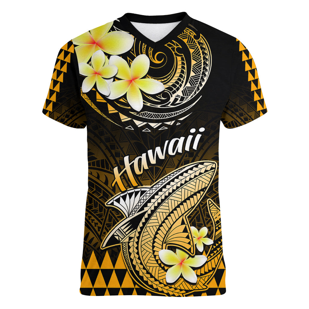 Hawaii Women V Neck T Shirt Polynesian Shark with Kakau Gold Version - Wonder Print Shop