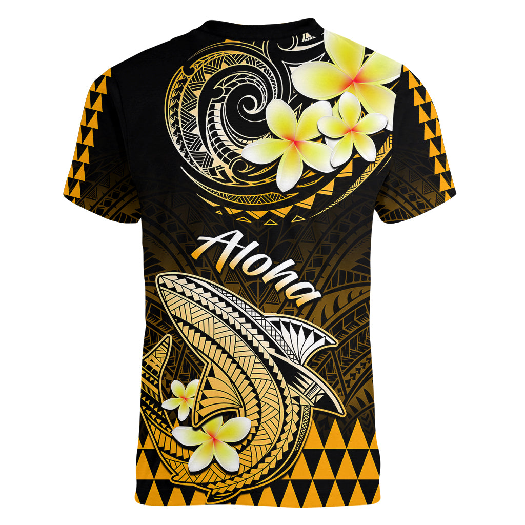 Hawaii Women V Neck T Shirt Polynesian Shark with Kakau Gold Version - Wonder Print Shop