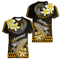 Hawaii Women V Neck T Shirt Polynesian Shark with Kakau Gold Version - Wonder Print Shop