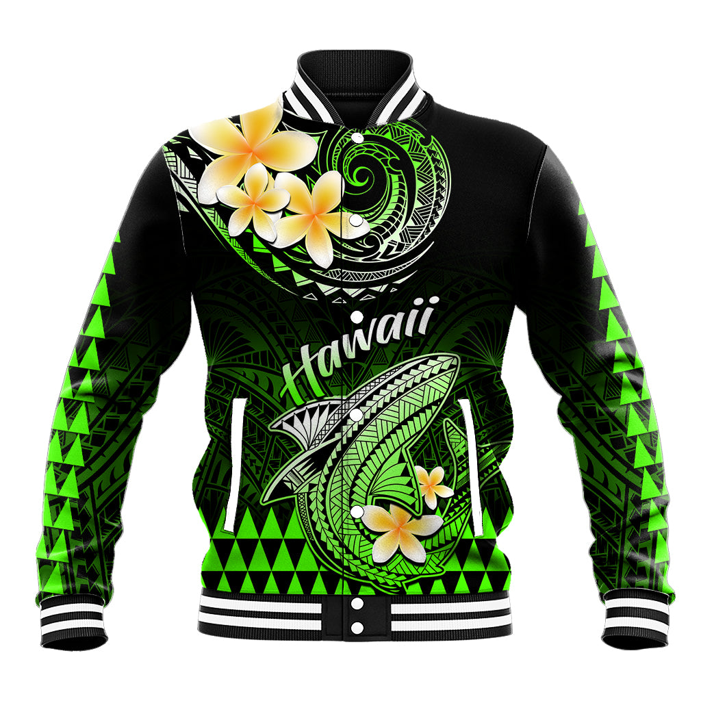 Hawaii Baseball Jacket Polynesian Shark with Kakau Green Version - Wonder Print Shop