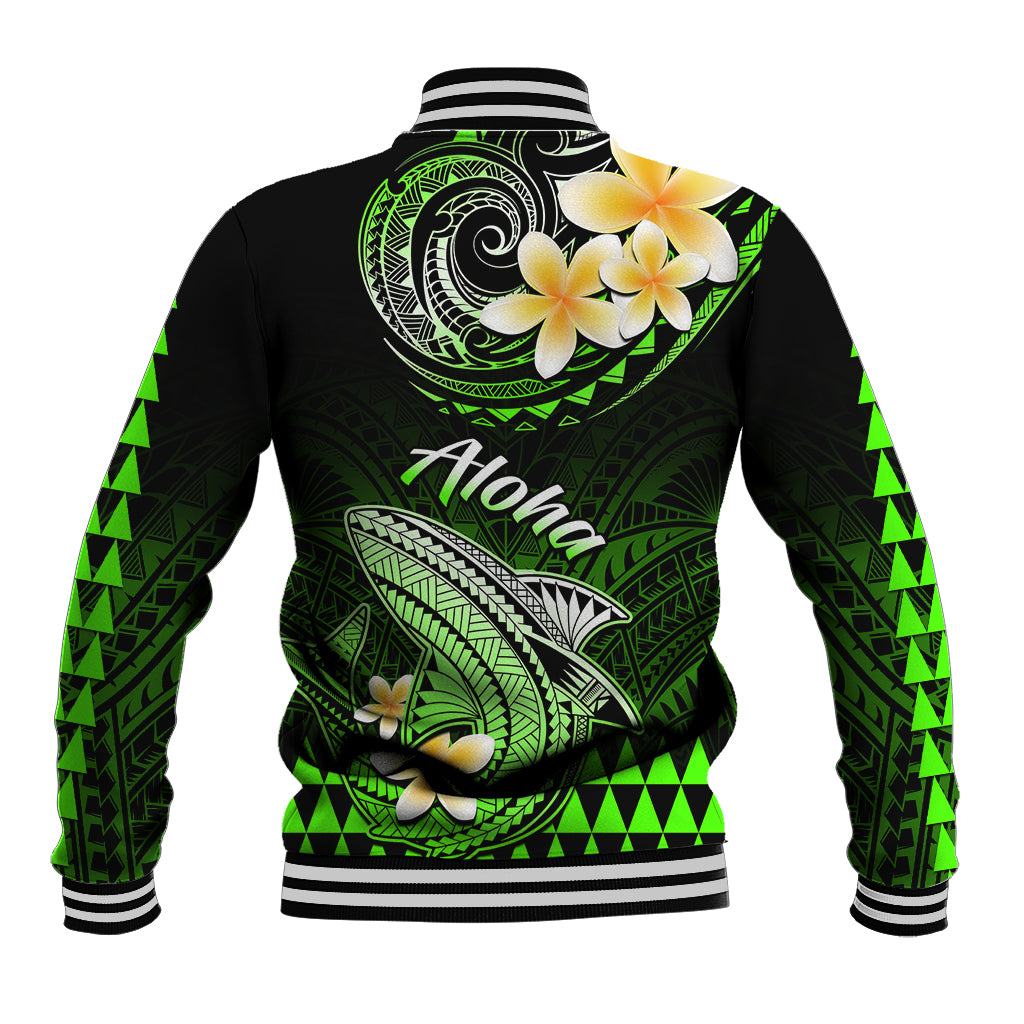 Hawaii Baseball Jacket Polynesian Shark with Kakau Green Version - Wonder Print Shop