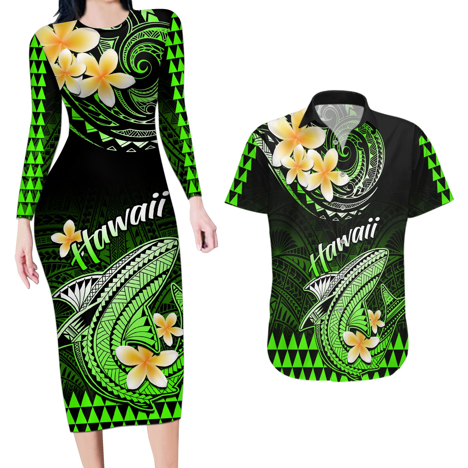 Hawaii Couples Matching Long Sleeve Bodycon Dress and Hawaiian Shirt Polynesian Shark with Kakau Green Version - Wonder Print Shop