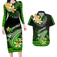 Hawaii Couples Matching Long Sleeve Bodycon Dress and Hawaiian Shirt Polynesian Shark with Kakau Green Version - Wonder Print Shop