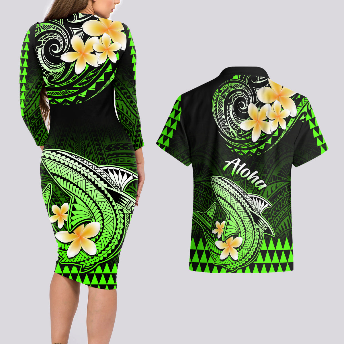 Hawaii Couples Matching Long Sleeve Bodycon Dress and Hawaiian Shirt Polynesian Shark with Kakau Green Version - Wonder Print Shop