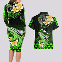 Hawaii Couples Matching Long Sleeve Bodycon Dress and Hawaiian Shirt Polynesian Shark with Kakau Green Version - Wonder Print Shop
