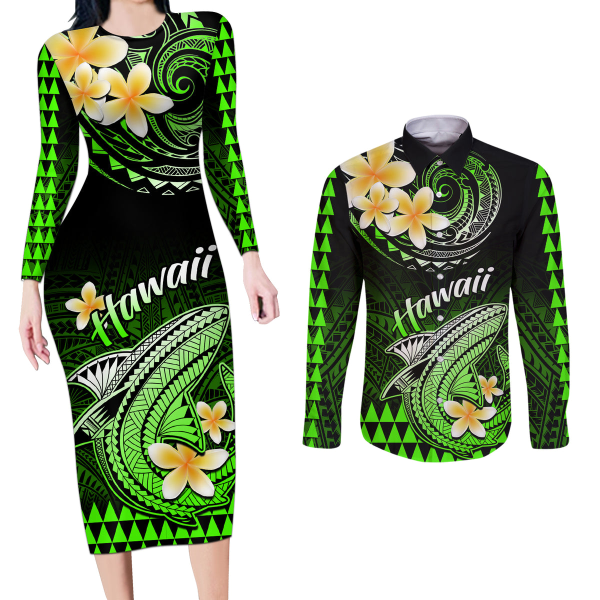 Hawaii Couples Matching Long Sleeve Bodycon Dress and Long Sleeve Button Shirts Polynesian Shark with Kakau Green Version - Wonder Print Shop